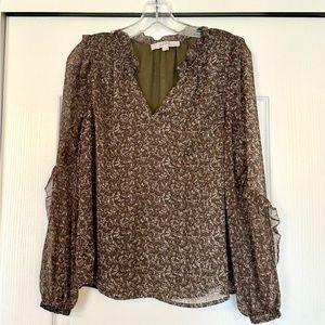 LOFT Olive Green Floral Ruffle Sleeve Top Size XS
